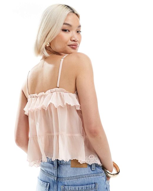 Stradivarius Blue Stradivairus Ruffle Detail Mesh Cam Top