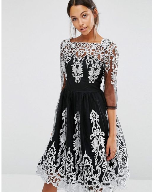 Chi Chi London Black Premium Lace Midi Dress With Scalloped Back And 3/4 Sleeve