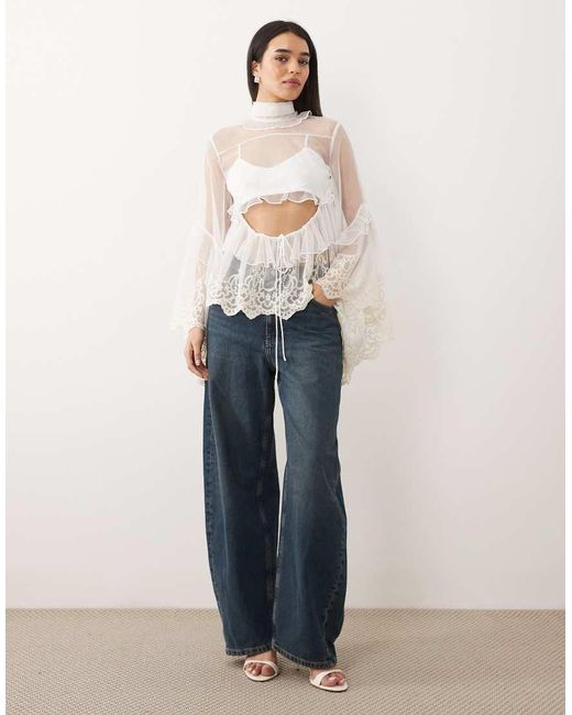 Bardot Natural Anyssa High Neck Embroidered Lace Ruffle Cut Out Detail
