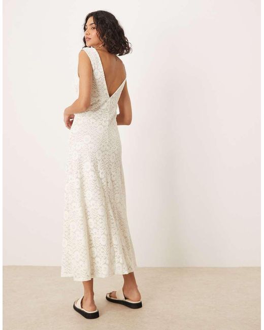 ASOS Natural Lace V Front Midi Dress With Frill Hem
