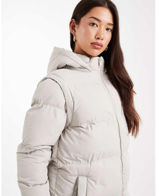 Brave Soul White Hooded Padded Maxi Jacket With Detachable Sleeves