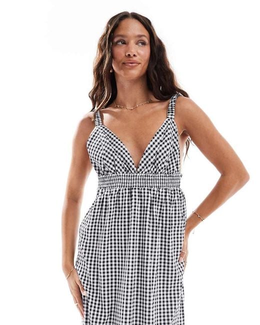 Vero Moda Cami Maxi-Jurk Met Diepuitgesneden Voorkant En Gingham Ruiten in het Gray