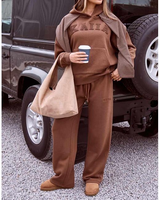 Kaiia Brown Cotton Rich Embroidered Logo Wide Leg Trackies