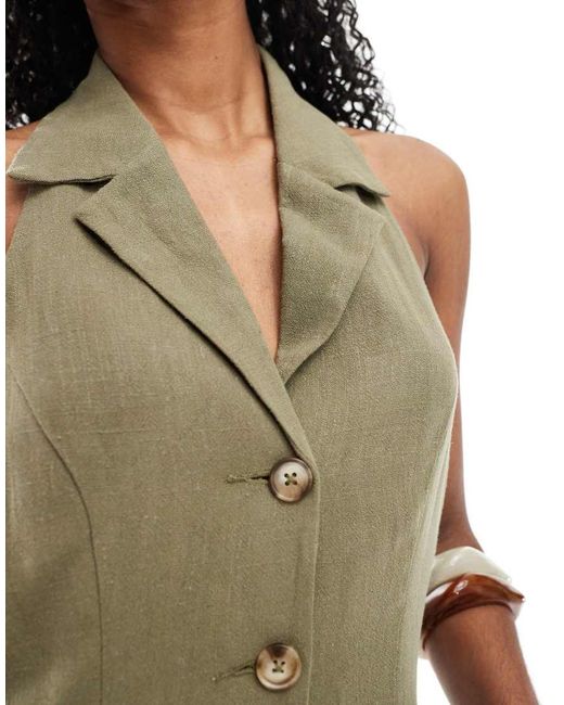Miss Selfridge Green Linen Blend Collared Halter Mini Dress Khaki