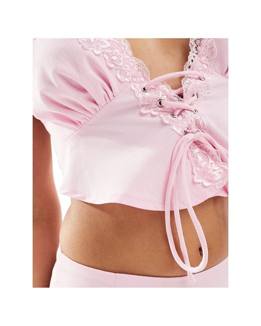Missy Empire Pink Tie Up Plunge Lace Trim Corset Top Co-ord