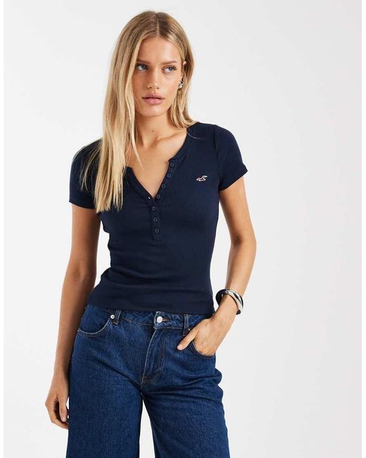 Hollister Blue Short Sleeve Henley T-shirt With Chest Logo