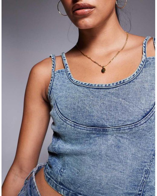 Liquor N Poker Blue Stitch Detail Denim Crop Top