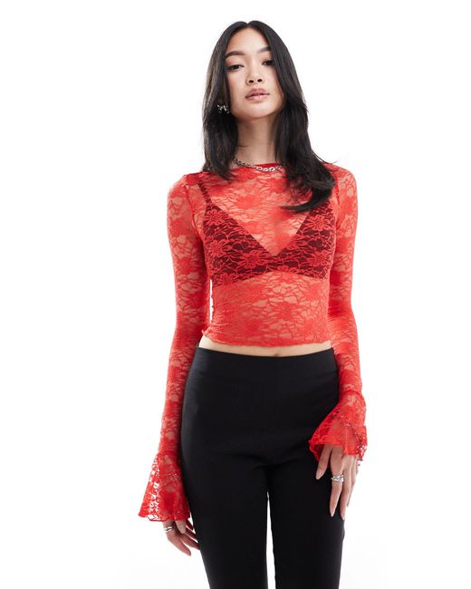Daisy Street Red Boat Neck Long Sleeve Lace Top With Tie Sleeves