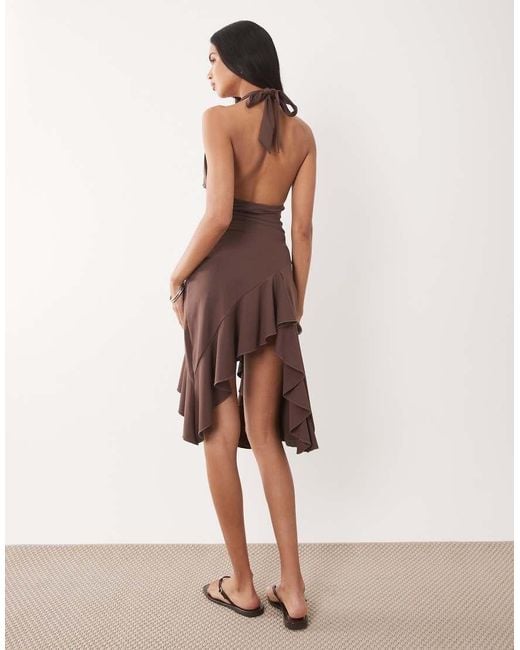 The Frolic Natural Exclusive Plunge Cowl Neck Asymmetric Ruched Drape Front Midi Dress