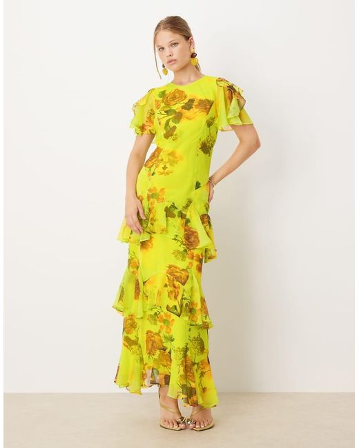 ASOS Yellow Ruffle Chiffon Maxi Dress