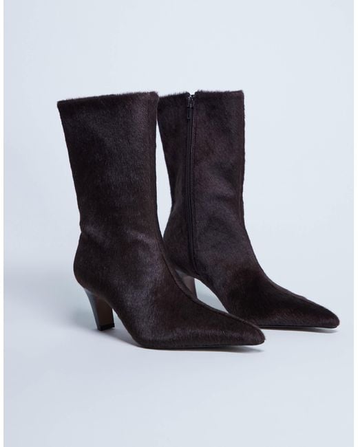 Poppy - bottines à bout pointu en cuir véritable effet poils TOPSHOP en coloris Black