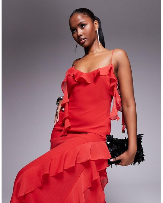 ASOS Red Textu Chiffon Maxi Dress With Trailing Ruffles