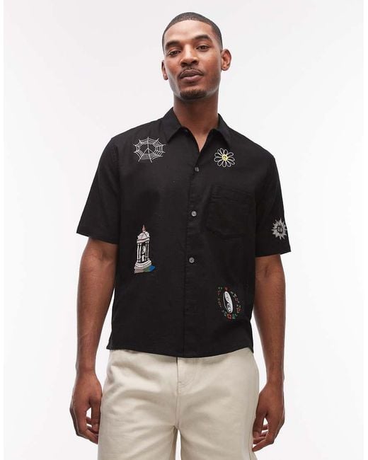 AllSaints Black Karlton Short Sleeve Linen Blend Embroidered Shirt for men