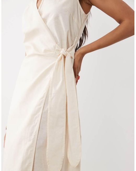Kaiia Natural Exclusive Linen Blend V-neck Wrap Tie Front Maxi Dress