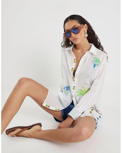 River Island White Palm Tree Embroidered Shirt