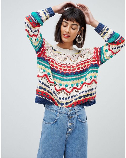 Mango Multicolor Crochet Knit Sweater