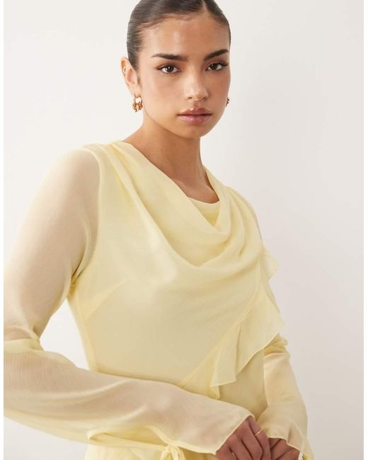 DASKA Natural Chiffon High Cowl Neck Frill Detail Maxi Dress