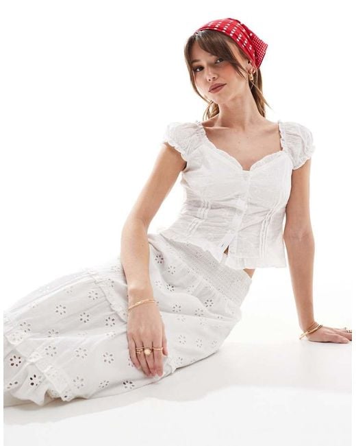 New Look White Shirred Waist Embroidered Midi Skirt