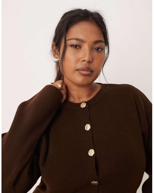 ASOS Brown Curve Knitted Structured Crew Neck Cardigan With Gold Buttons