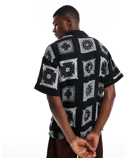 ADPT Black Oversized Revere Collar Shirt With Bandana Print for men