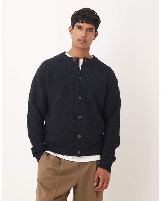 ASOS Blue Relaxed Knit Boucle Crew Neck Cardigan for men