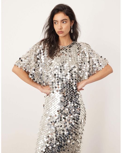 ARRANGE Natural Sequin And Fringe Strong Shoulder Midi Dress