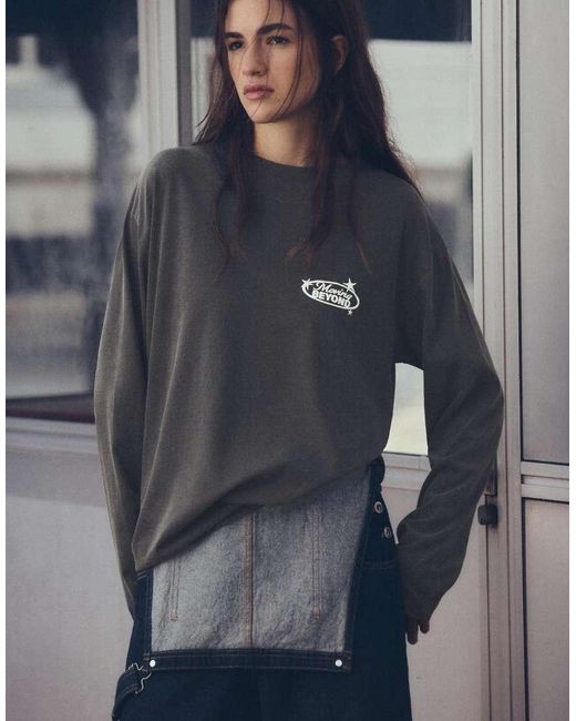 Pull&Bear Gray Long Sleeve Graphic Print T-shirt
