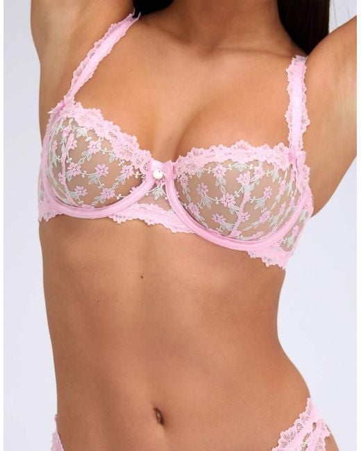 Boux Avenue Pink Rosa Embroidered Balconette Bra Unpadded Floral Lingerie