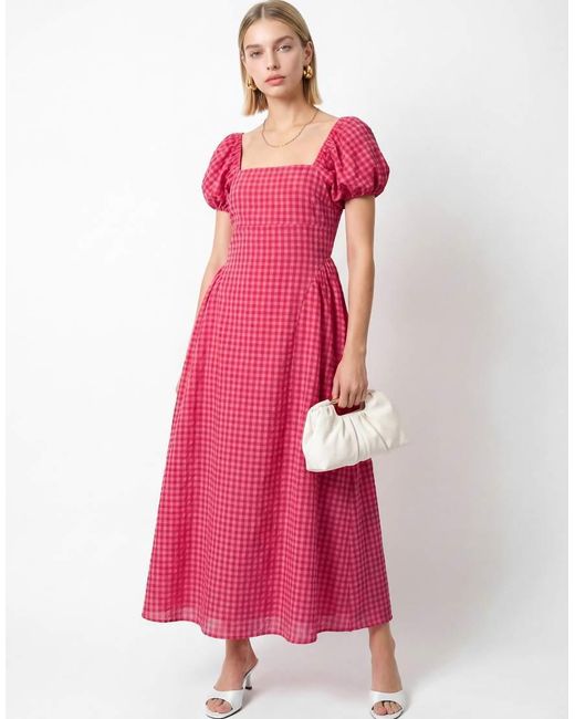 Lovedrobe Pink Gingham Square Neck Short Sleeve Midaxi Dress