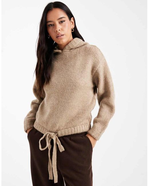 Miss Selfridge Natural Knitted Tie Hooded Jumper