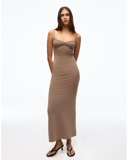 Bershka Brown Ruched Strap Midi Dress