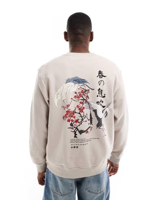 Jack & Jones White Oversized Crew Neck Sweatshirt With Cherry Blossom Back Print for men