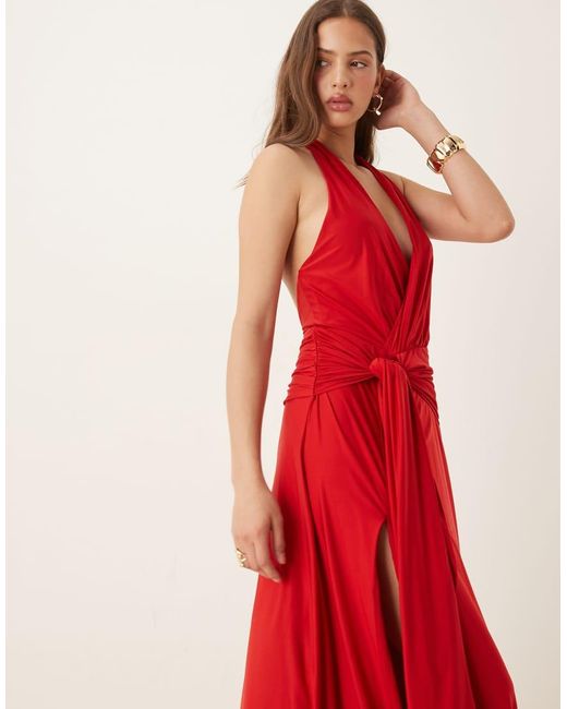 Abercrombie & Fitch Red Halter Neck Elevated Jersey Knot Front Maxi Dress