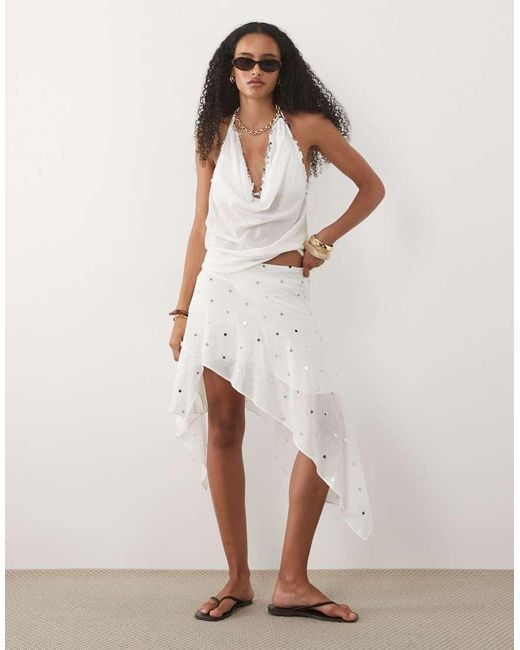 Mango White Marea Embellished Halter Neck Beach Top