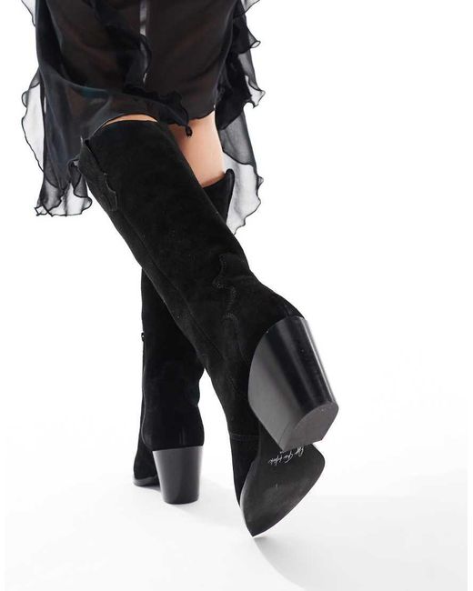 OFF THE HOOK Black 'Texas' Block Heel Western Knee Suede Leather Boots