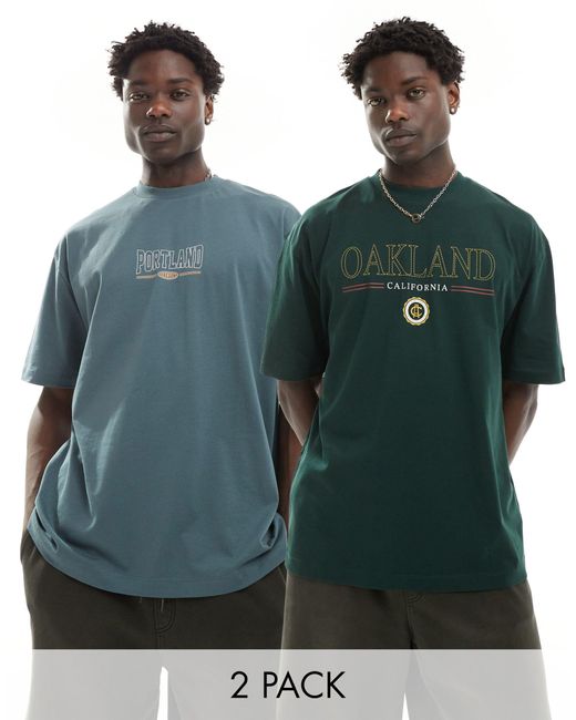Confezione multipack di t-shirt oversize con stampa di città di ASOS in Green da Uomo