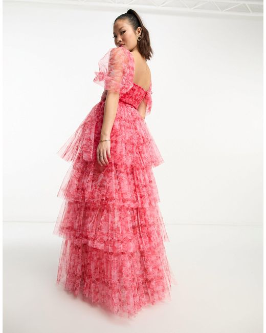 LACE & BEADS Pink Off Shoulder Tulle Corset Maxi Dress