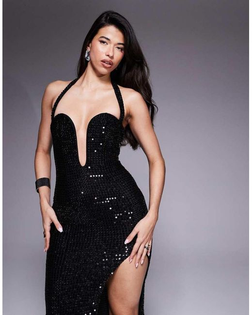 Oh Polly Purple Sansel Embellished Sweetheart Gown