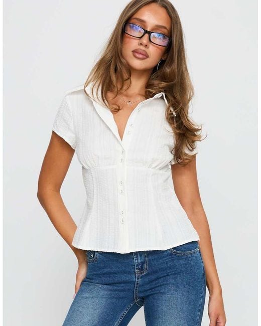 Princess Polly Blue Cottesloe Cotton Rich Pleat Waist Detail Fitted Short Sleeve Shirt