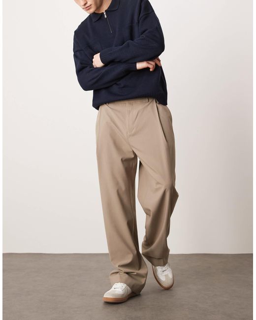ASOS Natural Smart Wide Leg Trousers With Deep Pleat for men