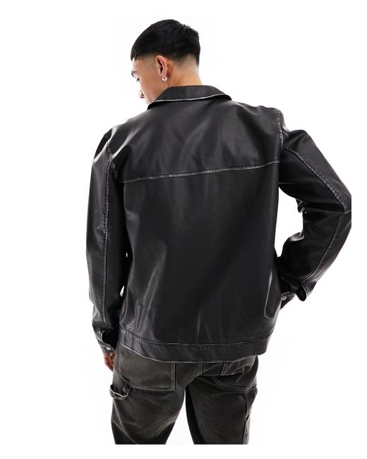 ASOS Black Oversized Faux Leather Harrington Jacket for men