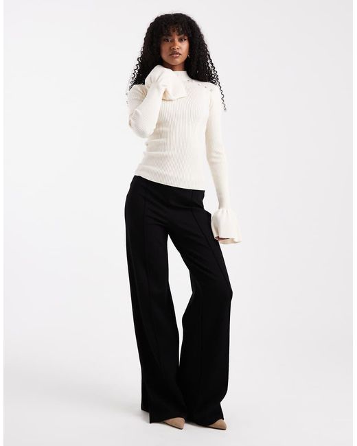The Frolic White Exclusive Ribbed Knit Pearl Detail Flare Sleeve Jumper