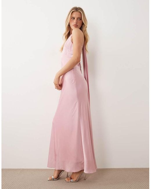 TFNC London Pink Bridesmaids Satin V Neck Lace Up Open Back Detail Scarf Neck Maxi Dress