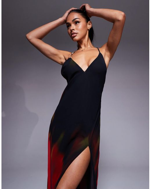 Oh Polly Black Thigh Split Chiffon Maxi Dress