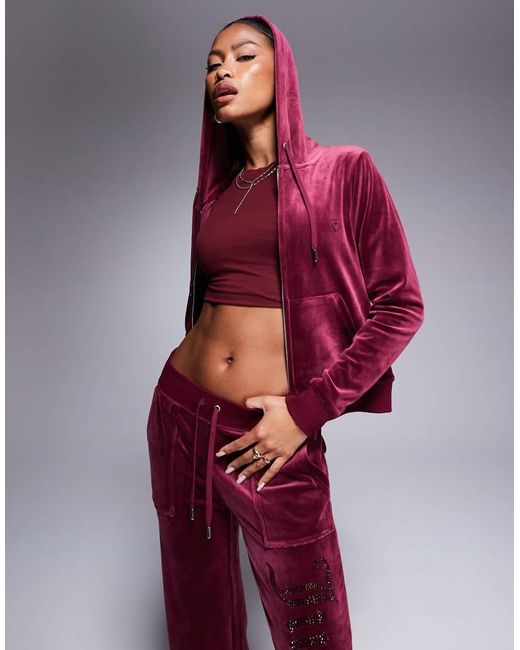 Juicy Couture Red Velour Tonal Jewel Zip Through Hoodie Co-ord