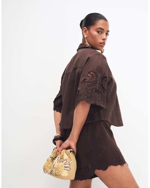 ASOS Brown Asos Design Curve Denim Short Sleeve Shirt With Cutwork Detail
