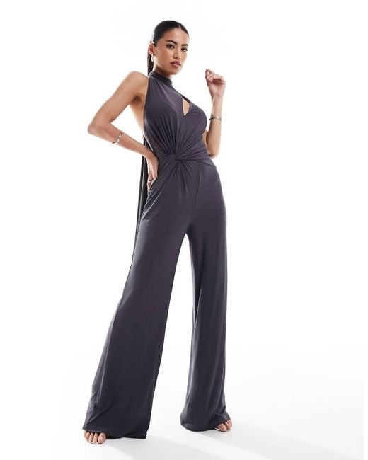 ASOS Blue Mesh Twist Bust Detail Halter Jumpsuit With Tie Back Neck