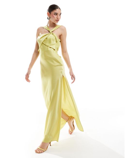 Robe longue drapée en satin avec bretelles torsadées - citron ASOS en coloris Metallic