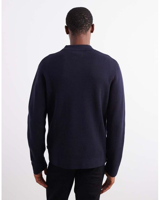 Jack & Jones Blue Premium Long Sleeve Knitted Polo With Quarter Zip for men