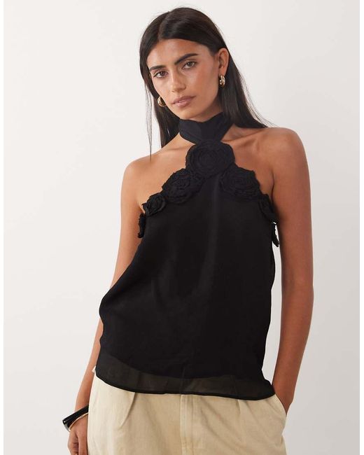 Mango Black Rosette Halterneck Top